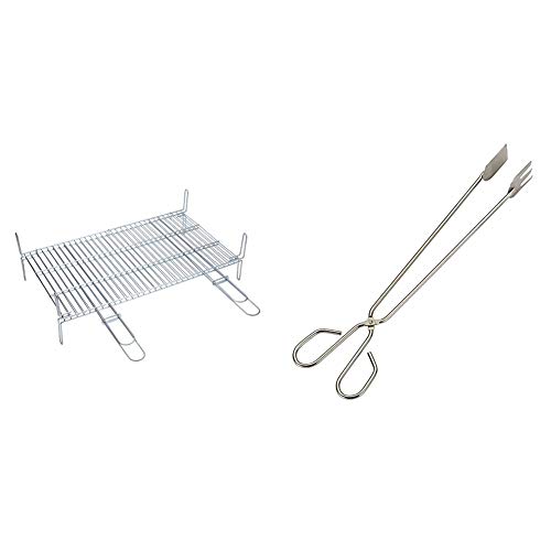 Sauvic 02657 Parrilla Doble 65 X 40 Cm, Acero, 65X40 Cm + 04468 Pinza Con Pala Larga 18/8, Acero Inoxidable, 35.00X8.00X3.50 Cm