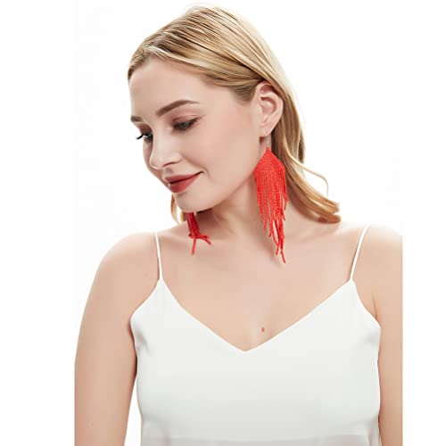 Long Beaded Tassel Earrings – Native Handmade Bohemian Beaded Large Statement Chandelier Drop Earrings, Mexican Boho Seed Bead Big Fringe Dangle Earrings For Women Girls (Red Gg), 14.5Cm #TOP3