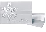 Premium Christmas Cards - 20 Pack - White Pearl Foil Embossed Snowflakes - 20 Classic Holiday Cards with Matching Pearl Foil Lined Envelopes