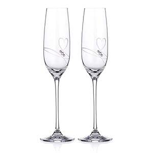 DIAMANTE Champagne Flutes Prosecco Glasses Pair with ‘Romance ’ Hand Cut Design Embellished with Crystals Set ot Two Glasses with Gift Box