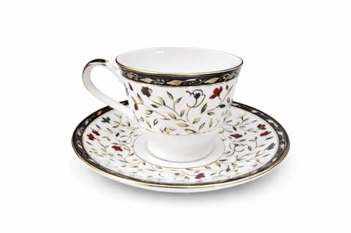 Image of Bone China Tea Cup & Saucer Set (6 Cups + 6 Saucers, 160 ml) | Floral Printed Designer Tea Set with Gold Rim | Premium Crockery for Home, Hotel & Gifting