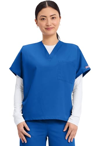 Image of Cherokee Scrubs for Women and Men Unisex V-Neck Tunic Nursing Scrub Top with Chest Pocket, Tuckable Durable Fabric - 4777 | 1 Chest Pocket For Essentials, Traditional Fit, Durable Construction, Comfortable Knit Details, Easy Care, Tuckable Style