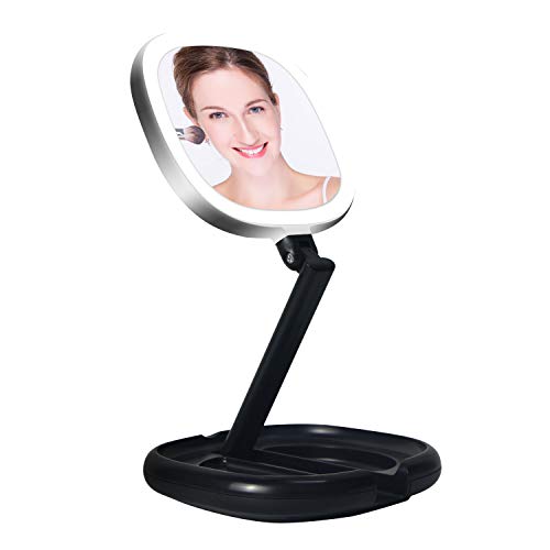 Illuminated Makeup Mirror With Light, Beautifive LED Vanity Mirror, Double Sided Magnifying Mirror With Brightness&180°Angle&Height Adjustable Smart Design, Magnified Travel Mirror Folding