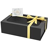 PSHVYM Large Gift Box with Window, 13.5x9x4.3 In Black Gift Box for Presents Magnetic Lids Collapsible for Groomsmen Proposal, Birthday, Graduation, Christmas, Contains Card, Ribbon