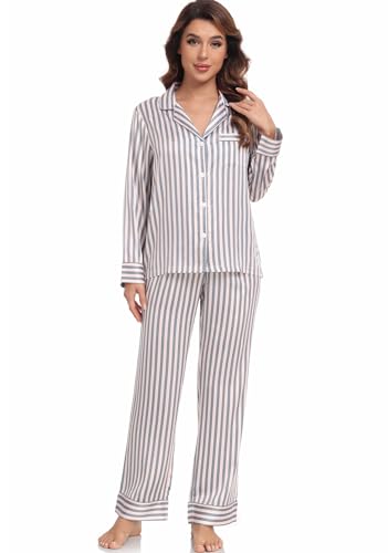 Image of Serenedelicacy Women's Satin Pajama Set Long Sleeve Button Down Sleepwear 2-Piece Silky Pj Set