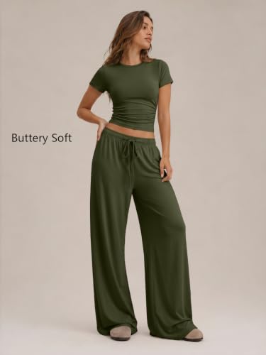 Image of Trendy Queen Women's 2 Piece Matching Summer Lounge Set with Pockets | Vacation Airport Travel Outfits, Workout Gym Clothing Comfy Athleisure Clothes, Side-ruched Top, Drawstring Wide Leg Pants