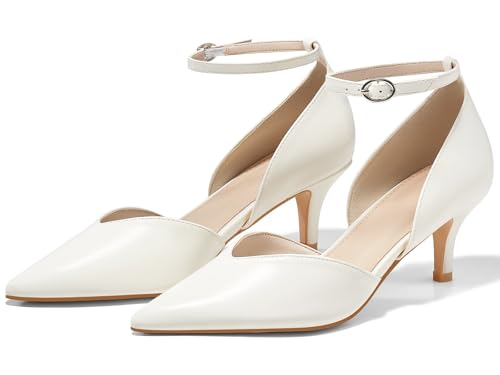 Coutgo Womens Kitten Low Heels Dress Shoes Closed Pointed Toe Ankle Strap Cutout D'Orsay Work Pumps, White, Size 8.5