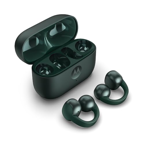 Motorola Moto Buds Loop Feat. Sound by Bose (Open-Ear-Earbuds, BT 5.4, kristallklarer Sound, Geräuschunterdrückung, kabelloses Laden, Akkulaufzeit bis zu 8 Std.) Trekking Green, speziell bei Amazon