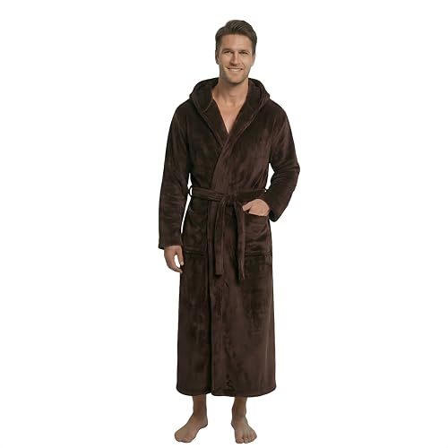 Image of FashGudim Mens Robes Big and Tall with Hood Two-Tone Flannel Fleece Contrast Bathrobe Full Length Plush Long Robe House Coat