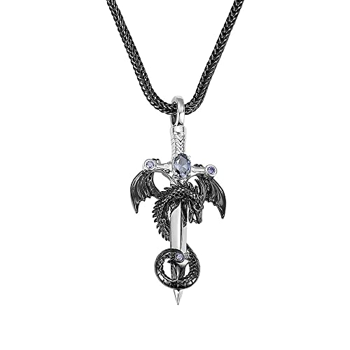 Cross Dragon Necklace Men's Gothic Cool Retro Hovering Holy Jewelry Sword Belt Birthstone Personalized Custom Celtic Dragon Pendant Mythical Gothic Pterodactyl Necklace Gifts for Men Boys Father