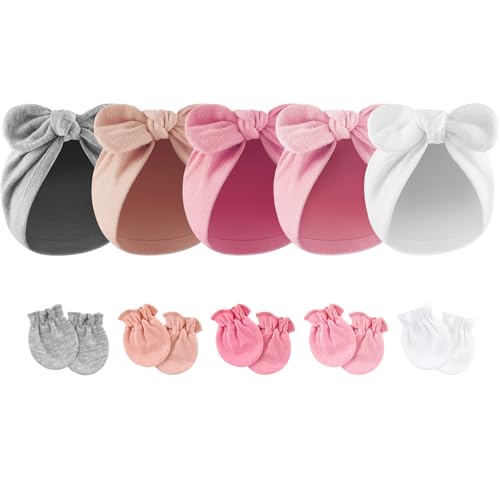 Image of AQOKKA Newborn Baby Girl Hats with Bow Cotton Toddler Infant Beanie Cap Newborn Hospital Hats for Baby Girl Kid 0-12 Months