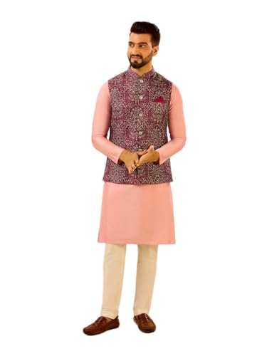 Image of KISAH Men Printed Kurta Jacket Set, Full Sleaves, Knee Length, Straight, Regular Fit, Mandarin Collar Ethnic Wear