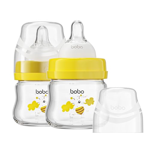 Image of YOHKOH Glass Baby Bottles with Slow Flow Nipple, Newborn Anti-Colic Baby Bottles for 0+ Months, Wide Neck Feeding Bottle, Clear (Yellow, 2.7oz (Pack of 2))