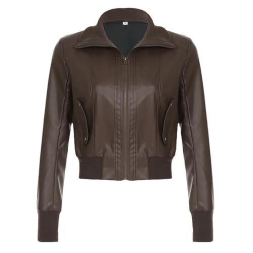 Women Vintage Leather Jackets American Retro Patchwork Zipper Slim Fit Coats PU Jackets