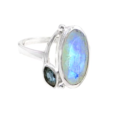 big moonstone ring, blue topaz ring, rainbow moonstone ring, silver topaz jewelry, faceted cut moonstone, healing stone