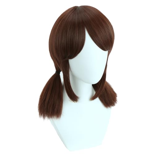 Image of Brown Wig with Bangs Brown Short Wig with Two Pigtails Brown Straight Wigs for Women Cosplay Synthetic Wigs with Wig Cap
