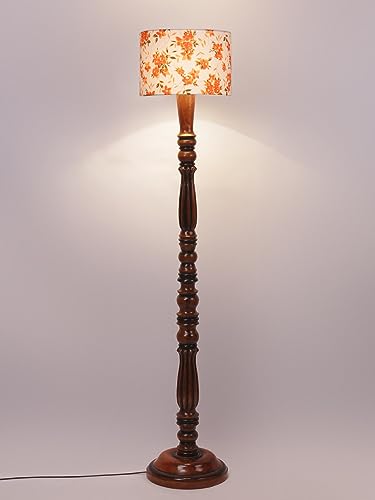 Image of Cotton Shade Floor Lamp with Wooden Base - Height 56 Inches, Orange Floral | Modern Standing Lamp for Living Room, Bedroom, Office | Stylish & Decorative Home Lighting | Elegant Decor