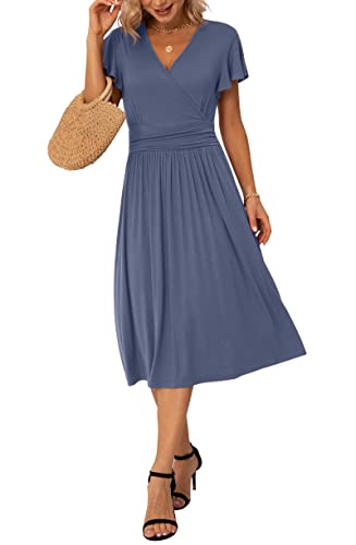 Image of GRECERELLE Spring Summer Dress for Women Casual Ruffle Short Sleeve Wrap V-Neck Dress