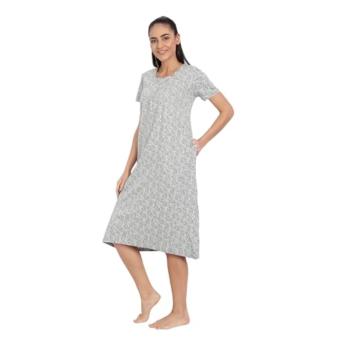 Image of BLAZON Women's Cotton Hosiery Elegant Maxi Nightdress with Lace Detailing, Floral Print, Pockets & Half Sleeves