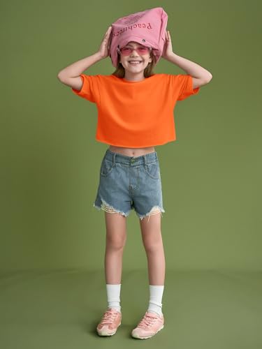 Image of Girls Athletic Oversized Crop Tops Kids Drop Shoulder Short Sleeve T Shirts Workout Tees 5-14 Years