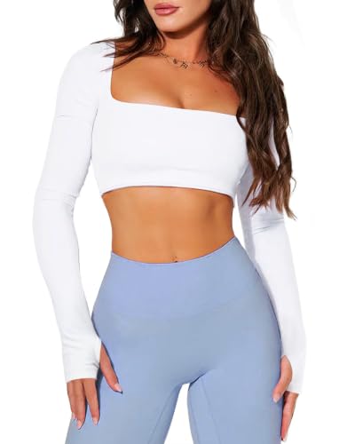 TZLDN Women's Sqaure Neck Long Sleeve Padded Workout Crop Tops White