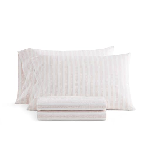 Image of Martha Stewart - Twin Size Sheet Set, Crisp & Tailored Sheets with a Smooth Cotton Percale Feel - Striped Bed Sheets with Matching Pillowcase & Fitted Sheet (Leaf Stripe Pink)
