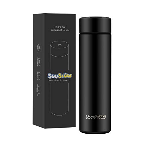 SOUSLOW Tazas térmicas Botella de agua con aislamiento al vacío con pantalla inteligente de temperatura, a prueba de fugas, café de acero inoxidable, 500 ml (Negro) - Imagen 8