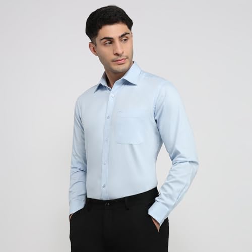 Image of Raymond Men Slim Fit Solid Pattern Pure Cotton Semi Cutaway Collar Full Sleeve Formal Shirt