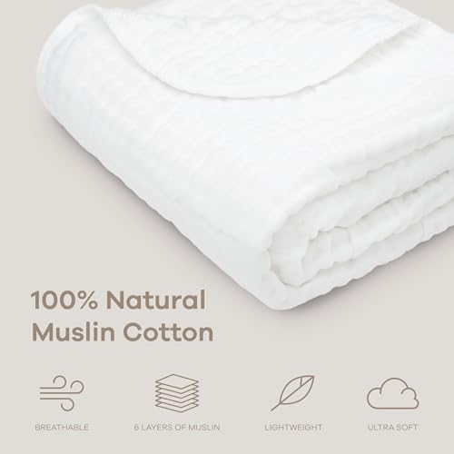 Image of Comfy Cubs Muslin Baby Blanket - Soft, Lightweight, 6-Layer Cotton Swaddle Blankets for Newborns, Infants & Toddlers - 40 inch x 40 inch Large, Breathable & Versatile for Sleeping & Tummy Time - White