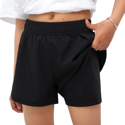 MEILONGER - MEILONGER Girls Shorts Quick Dry Swim Trunks for Teen with Breathable Inner Bike Soccer Running Athletic Shorts for Kids（Black,8