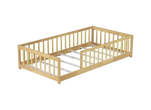 Bellemave Twin Size Floor Bed with slats for Kids, Girls, Boys, Wood Montessori Floor Bed with Guard Rails, Without Door, Natural