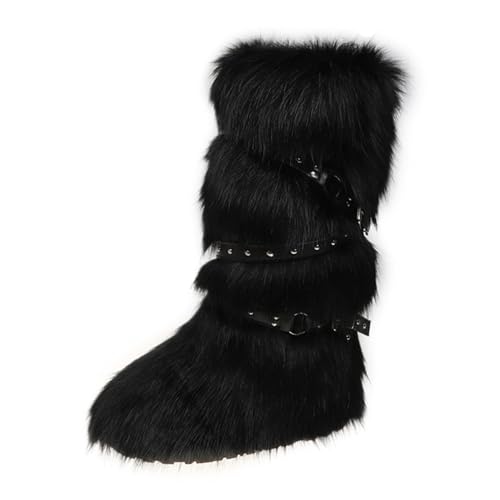 Faux Fur Boots for Women Long Furry Knee High Boots Comfy Warm Plush Snow Boots Winter Fuzzy Outdoor Boots Fluffy Indoor Flat Shoes