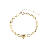 Grmpt Pulsera chapada en oro con corazón hueco para mujer, con texto en inglés 'I Love You' en 100 idiomas, proyección de imagen, ajustable, circonita cúbica, pulseras de eslabones de corazón
