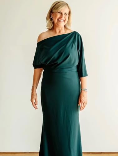 Women's Satin Mother of The Bride Dresses One Shoulder Half Sleeve Mermaid Formal Evening Dresses3