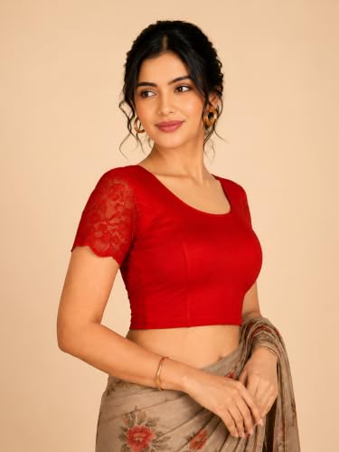 Image of Abhi Cotton Readymade Saree Blouse for Women- Half Net Sleeves, Round Neck, Regular-fit, Stretchable, Pull-on Style Blouse