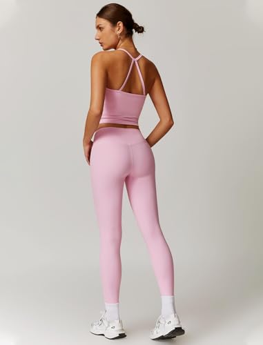 Womens Workout Sets Two Piece Seamless Stretch Cross Back Tank Top Matching Tummy Control High Waist Leggings Set 2 Piece For Women Gym Yoga Active Wear Outfits Athletic Work Out Clothes Pink M