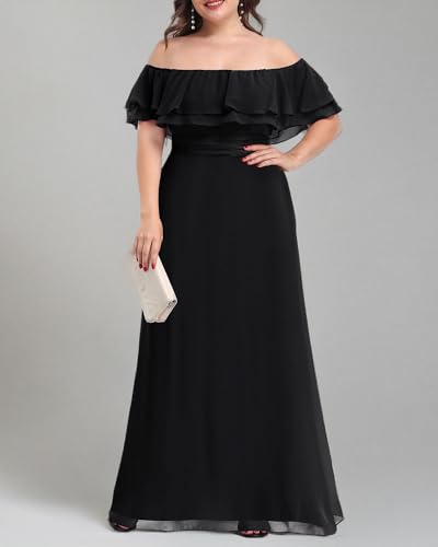 Image of Pinup Fashion Plus Size Formal Bridesmaid Wedding Guest Chiffon Long Dress | Chiffon, off-the-shoulder neckline, layered ruffles, ruched elastic waist, floor-length, evening party, wedding guest