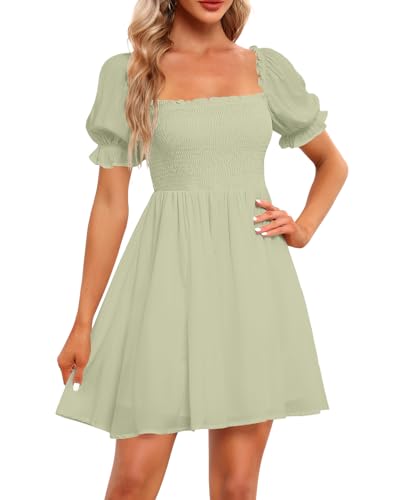 Image of Holipick Women's Casual Square Neck Smocked Dress Shirred Ruffle Puff Sleeve High Waist Cute Flowy A-Line Short Dress