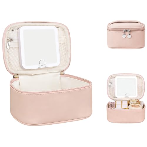 Mykng Nzw Mini Makeup Bag with Led Mirror, Small Cosmetic Bag with 3 Light Modes Adjustable Brightness, Rechargeable Portable Makeup Pouch with Handle, for Pool Parties丨Work Touch-Ups, Pink