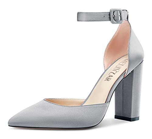 HEUIVZAR Women Pumps Pointed Toe Block Chunky High Heel Ankle Strap Two-Piece Dress Shoes Classic Wedding Satin 4 Inch