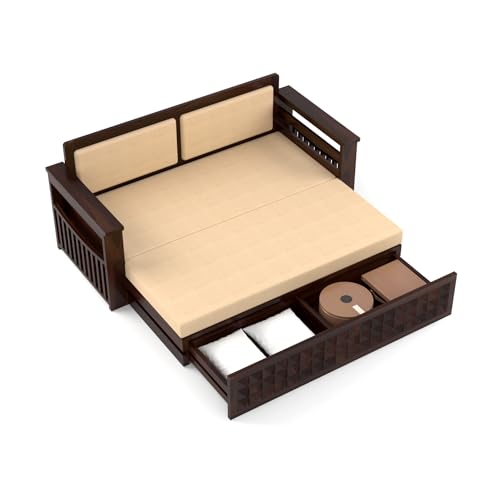 Image of Sheesham Wooden 3 Seater Sofa Cum Bed with Storage - Modern Daybed with Upholstered Backrest | Living Room Convertible Sofa Bed - Wooden Sofa Cum Bed with Mattress (Design 8)