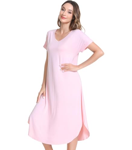 Image of NACHILA Nightgowns for Women-Viscose Made from Bamboo,Short Sleeve Nightshirts Satin V Neck Sleep Dress Loose Sleepwear