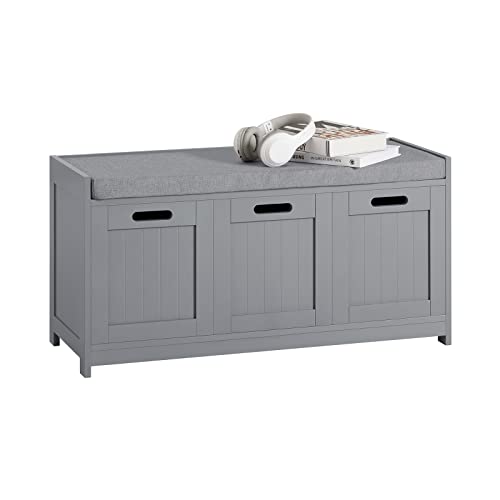 SoBuy Meuble Chaussures Rangement Chaussures Banc d'Entrée - 2 Portes, 1 Cube de Rangement avec Coussin Rembourré, Gris Clair - Idéal pour Entrée, Chambre,...