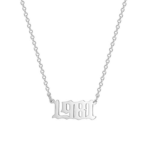 Glimmerst Birthday Year Necklace, 18K Gold Plated Stainless Steel Birth Year Number Pendant Necklace Memorable Anniversary Jewelry for Women 1981 Silver