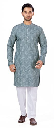 Image of Studio Shringaar Men's Cotton Blend Relaxed Fit Ikat Printed Knee Length Kurta