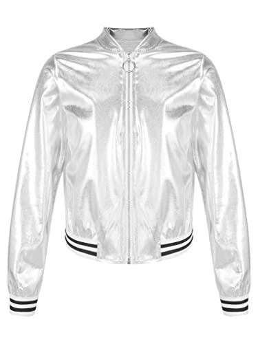 JanJean Kids Boys Girls Metallic Bomber Jacket Long Sleeve Zip Up Coat Hop Hip Street Dance Tops Outerwear Clubwear3