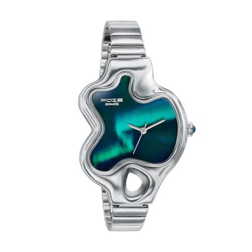Image of Sonata Poze 8 Quartz Analog Northern Lights Inspired Watch for Unisex with Blue Luminous Dial & Silver Sheet Metal Strap - SP80140SM01W