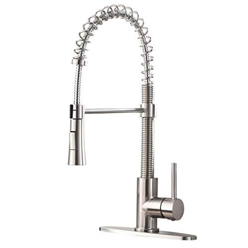 VAPSINT Modern Commercial Lead-Free Pull Down Sprayer Spring Brushed Nickel Kitchen Faucet, Single Handle Kitchen Sink Faucets with Deck Plate