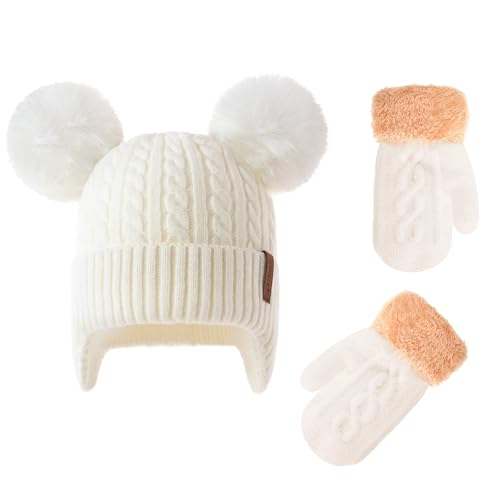 FENELY 2Pcs Kids Winter Hat Gloves Set for Ages 2-6-10 Boys Girls, Knit Thick Warm Fleece Lined Thermal Sets