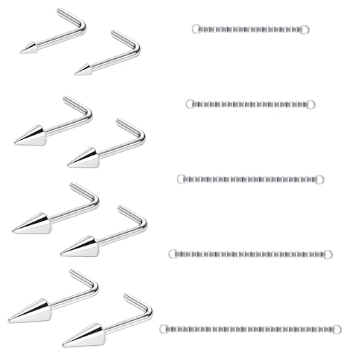 20G Spike Nose Rings Studs with Chains Stainless Steel Spike Nostril Ring Stud Chain Black Rook Corkscrew Ring L-Shaped Nose Piercing Jewelry Nose Piercing Stud Lip Piercing Jewelry Black Silver Gold